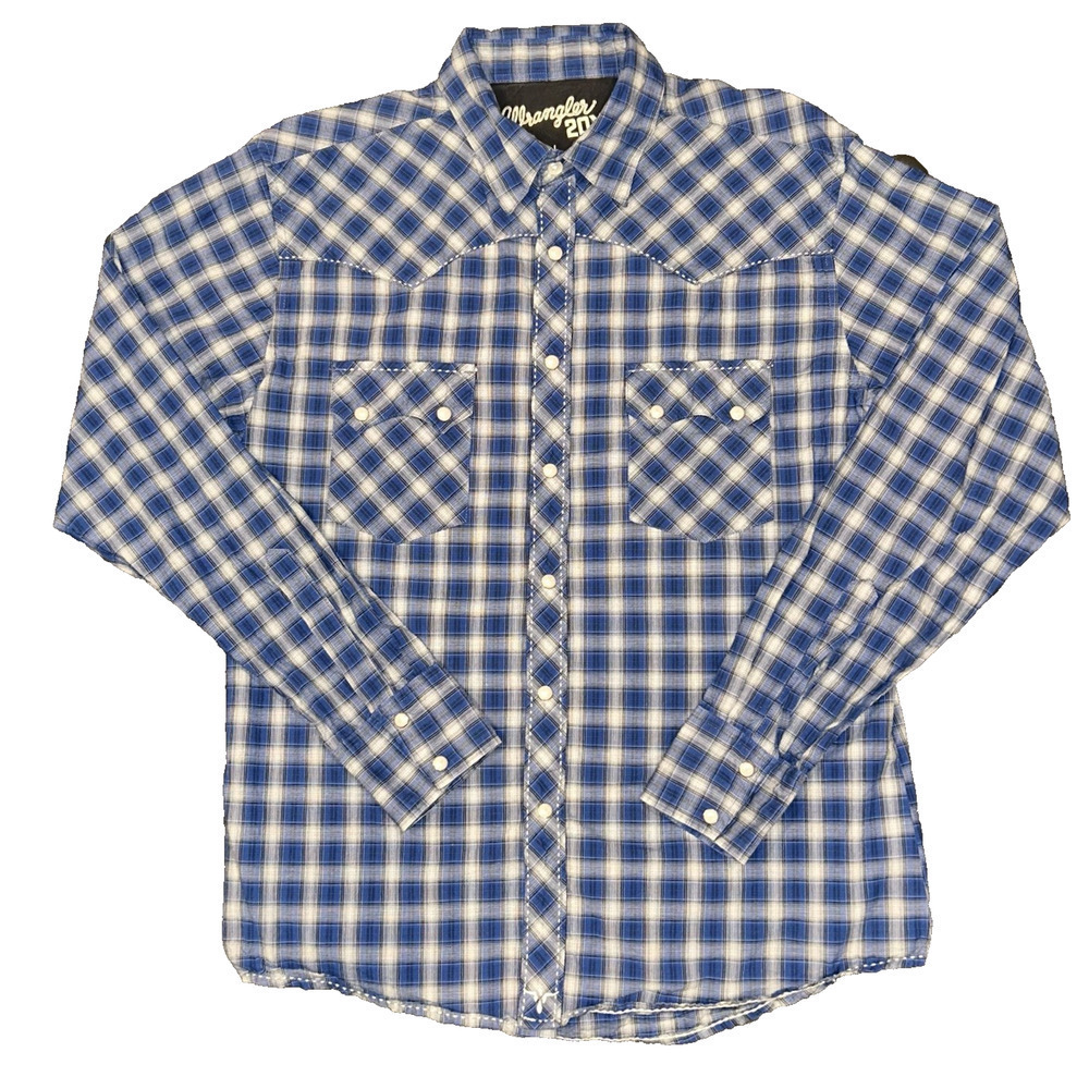Wrangler 20X Western Button Down Shirt Men's Size Large Pearl Snap Blue Plaid